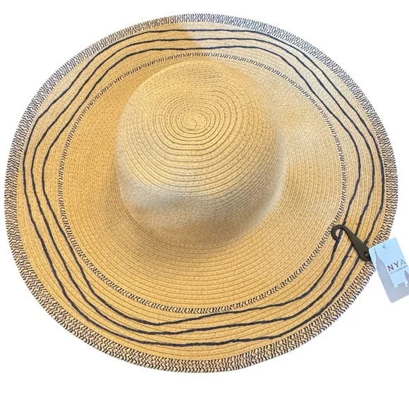 Women's Tan Wide Brim Sun Hat With Blue Trim - Picture 3 of 11